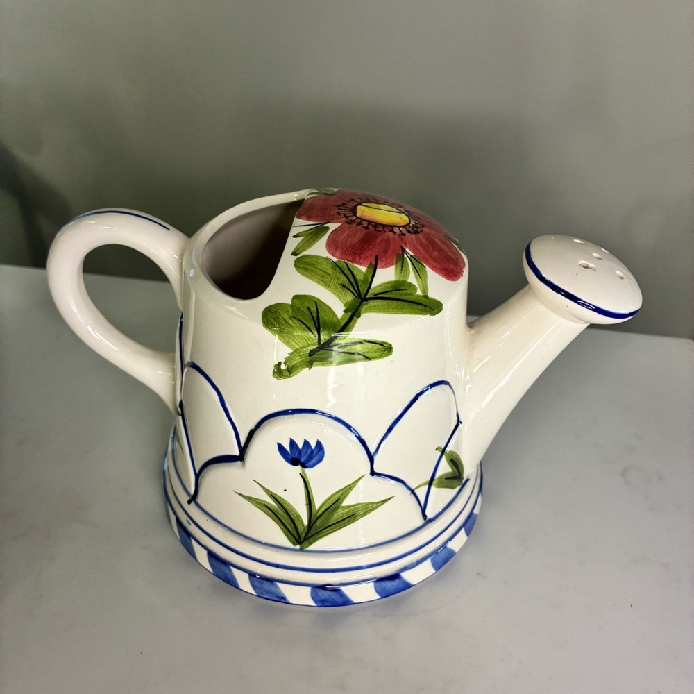 Fitz and Floyd Floral Ceramic Watering Can with Red and Blue Accents